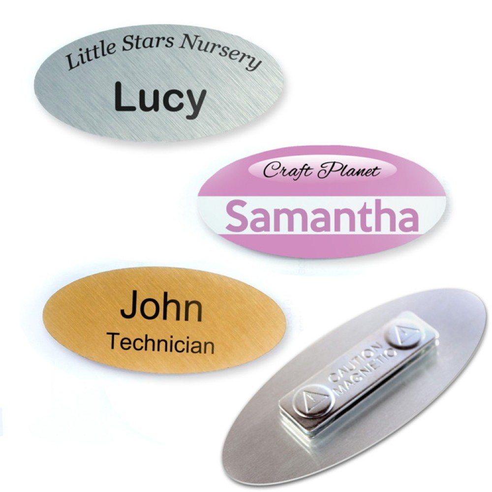 Personalised Oval 70x33mm Metal Name Badges MAGNET Fastening